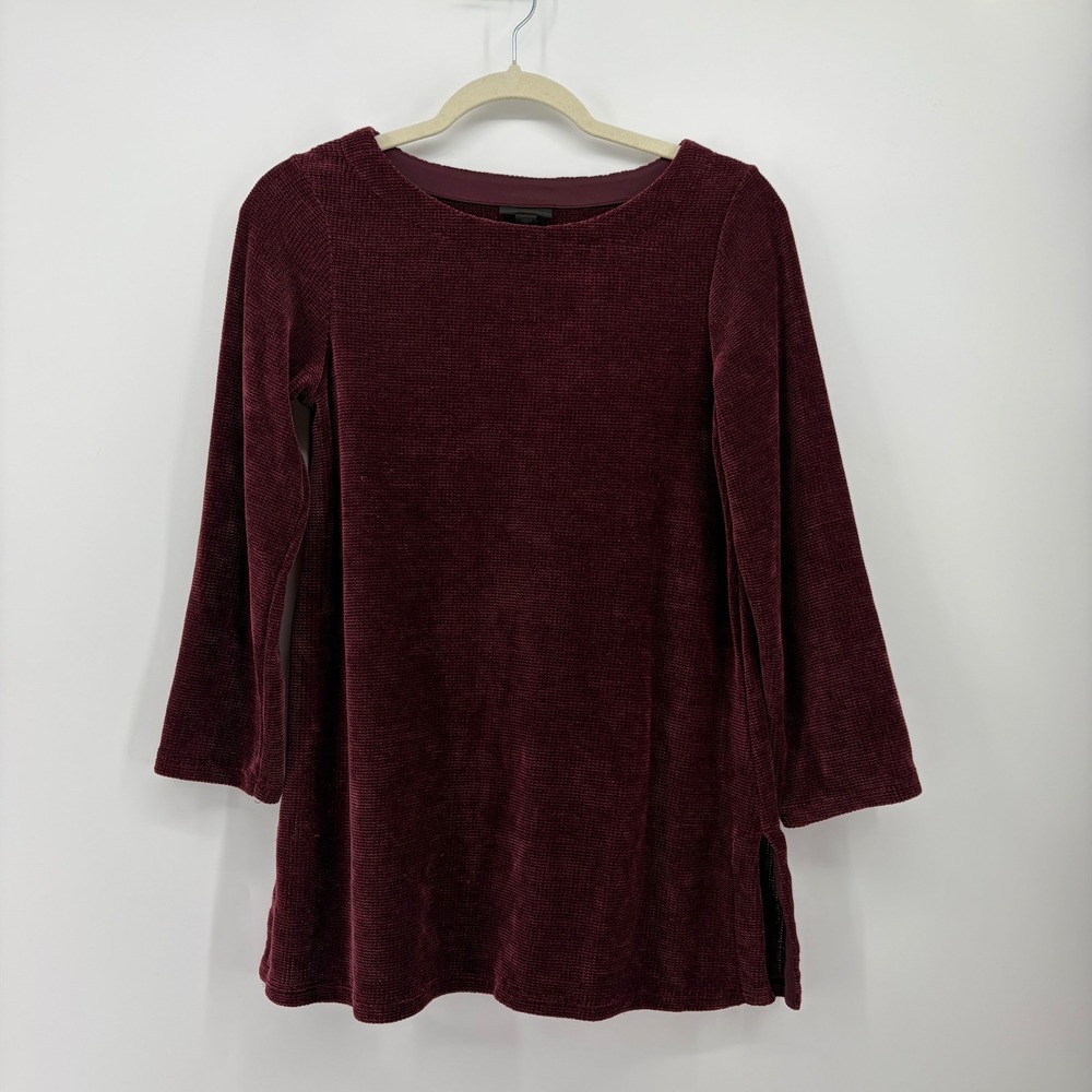 J. Jill Womens XS Burgundy Tunic Sweater Ribbed Chenille Boat Neck Slits